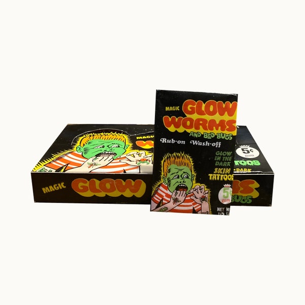 Magic Glow Worms and Bed Bugs glow in the dark tattoos. 1 sealed vintage wax pack. Fleer 1976.
