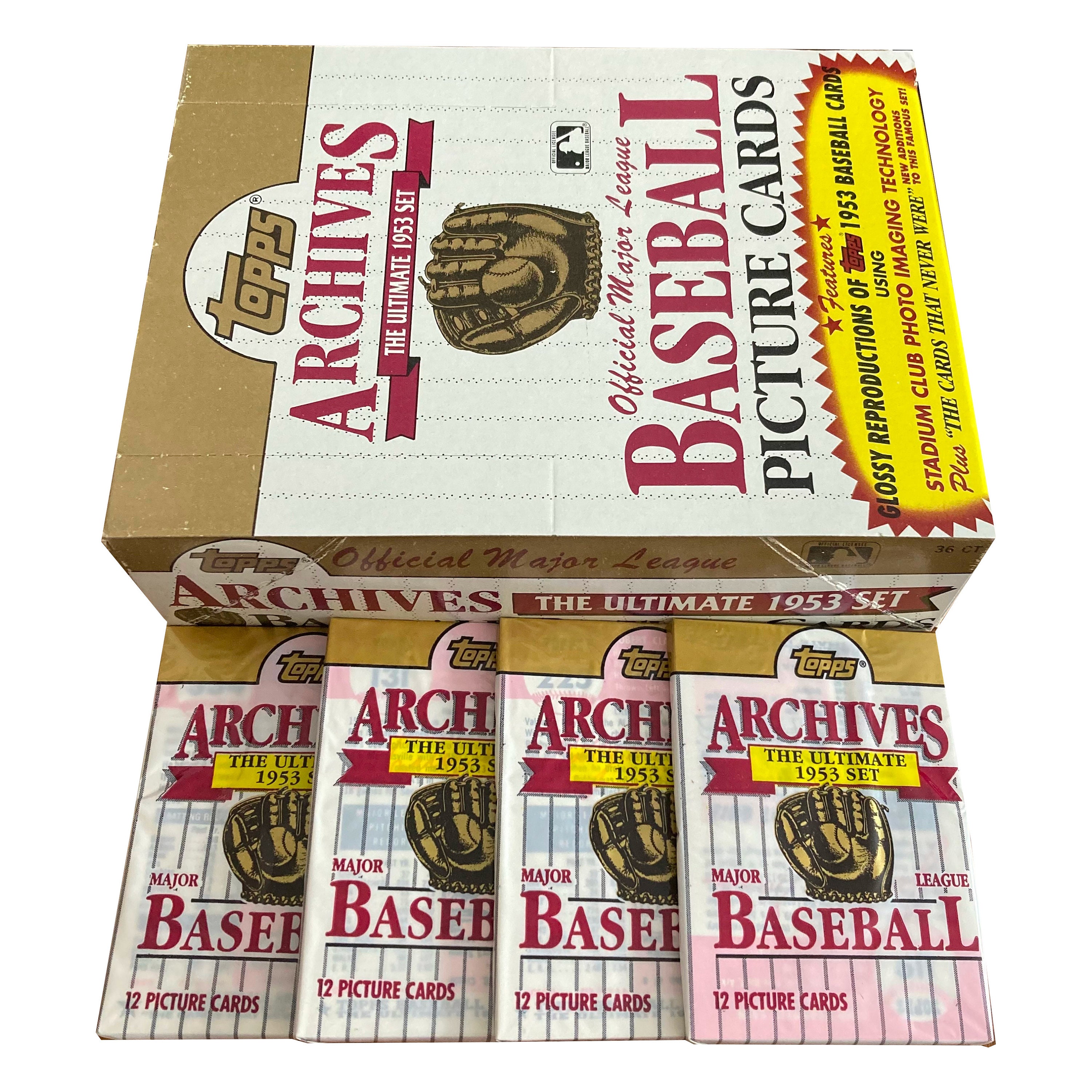 4 packs of Topps Archives The Ultimate 1953 Set vintage baseball cards. 12 cards per pack. Glossy reproductions of the Topps 1953 set.