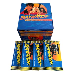 4 packs of Baywatch vintage trading cards. 9 gold foil stamped cards per pack. Collect them all! Sports Time 1996 Pamela Anderson Hasselhoff