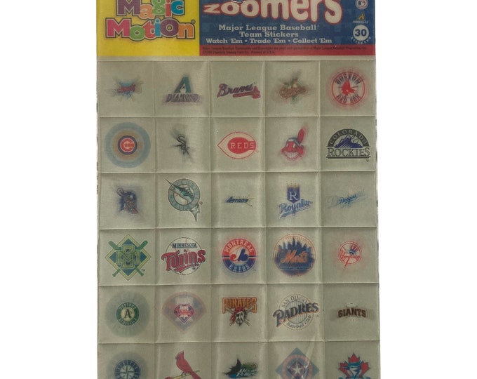 Zooms Magic Motion de la Ligue majeure de baseball. Ensemble complet d'autocollants holographiques avec logo d'équipe dans leur emballage d'origine scellé. Sommet 1998.