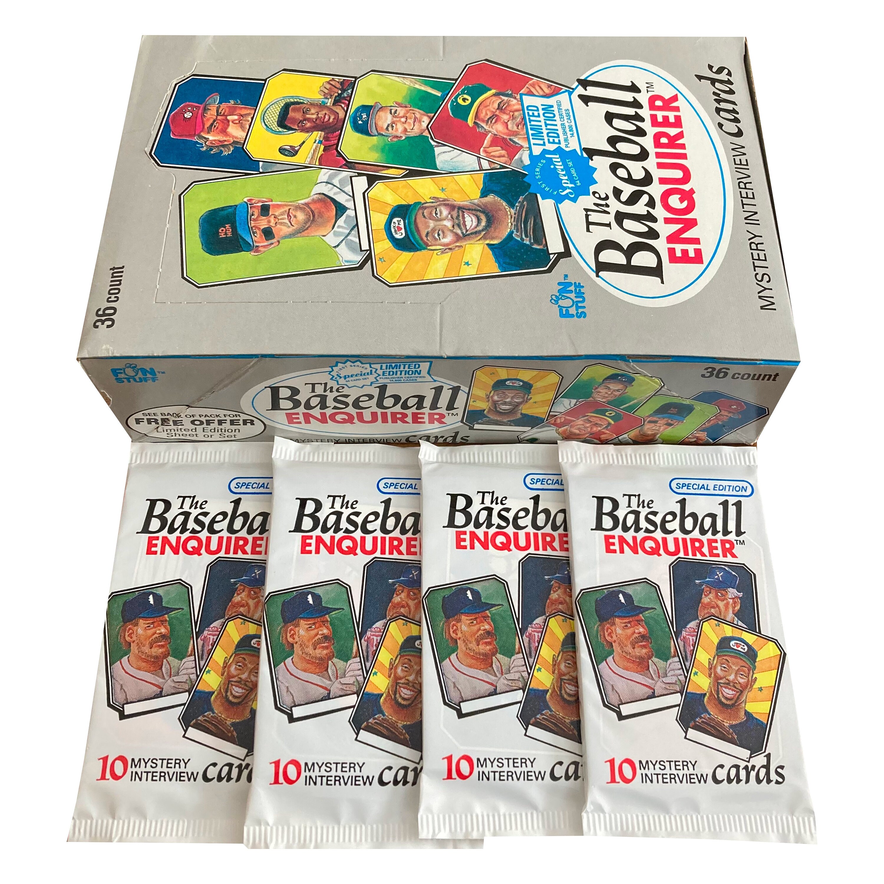 4 packs of The Baseball Enquirer vintage trading cards. Rare interviews! Inside Scoops! Colorful Commentary! 10 cards per pack. Confex 1992.