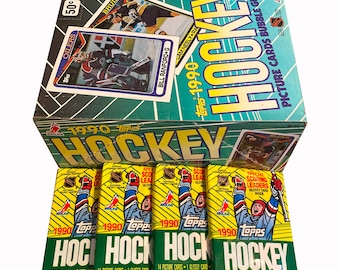 4 packs of 1990 Topps NHL Hockey vintage picture cards. 14 cards + 1 glossy card per pack. Topps 1990. Collect them all!