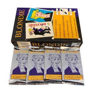 4 confezioni di carte collezionabili a fumetti vintage Blondie. 6 carte per confezione. Collezionali tutti e 50! Carte premium inserite casualmente. Autentix 1995.
