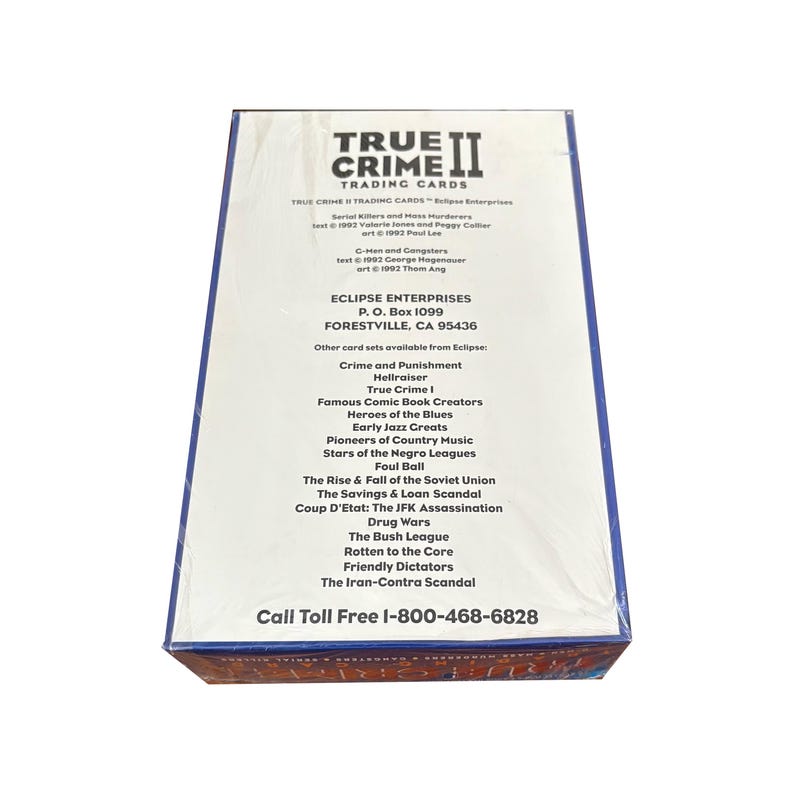 May include: A sealed box of "True Crime II Trading Cards" with a white and blue design. The box features the title, Eclipse Enterprises information, and a list of related card sets. The text includes "Serial Killers and Mass Murderers."