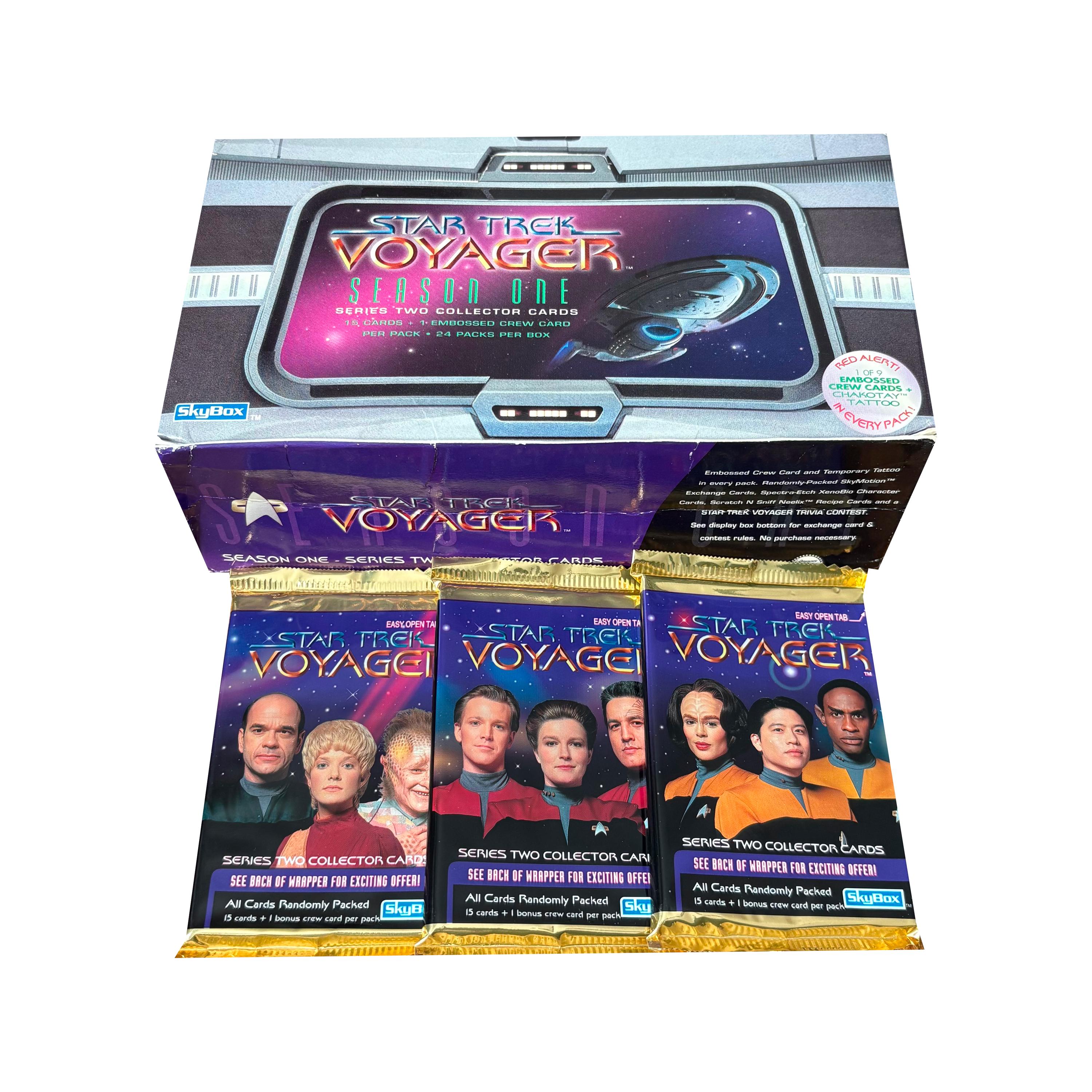 3 sobres jumbo de cartas coleccionables vintage de Star Trek Voyager, Temporada 1, Serie 2. 15 cartas + 1 carta de tripulación en relieve por sobre. S