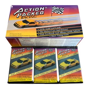 3 pacotes de cartões colecionáveis vintage Action Packed Racing '93 Series 2. 6 cartas por pacote. Cartões de folha de ouro 24k inseridos aleatoriamente.
