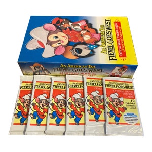 Werkseitig versiegelte Box von An American Tail - Fievel Goes West offiziellen Sammelkarten. 36 Packungen mit 12 Karten pro Packung. Impel 1991.