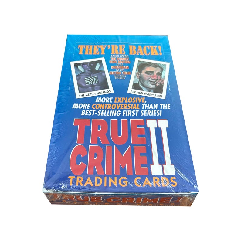 May include: Sealed box of True Crime II trading cards. The blue box features the text "THEY'RE BACK!" and "TRUE CRIME II TRADING CARDS." Images of crime scenes and criminals are also visible on the box.