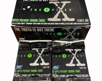 May include: A black box and two packs of "The X-Files" Series One trading cards. The box reads "The Truth Is Out There" and "Super Premium Trading Cards." The packs contain 13 cards each. The X-Files logo is prominently displayed.