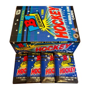 1990 年 Bowman NHL ホッケー ビンテージ ピクチャー カード 4 パック。1 パックあたり 15 枚のカード。Topps 1990。全部集めてください! クラシックな NHL スターがたくさん!