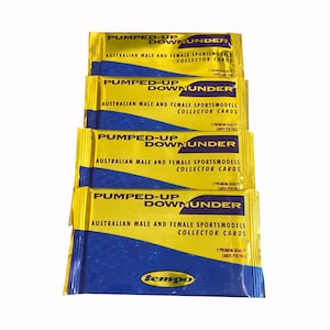 4 Packungen Pumped-Up Downunder Sammelkarten. Australische männliche und weibliche Sportmodels und Bodybuilder. 7 Karten/Packung. Tempo 1996.