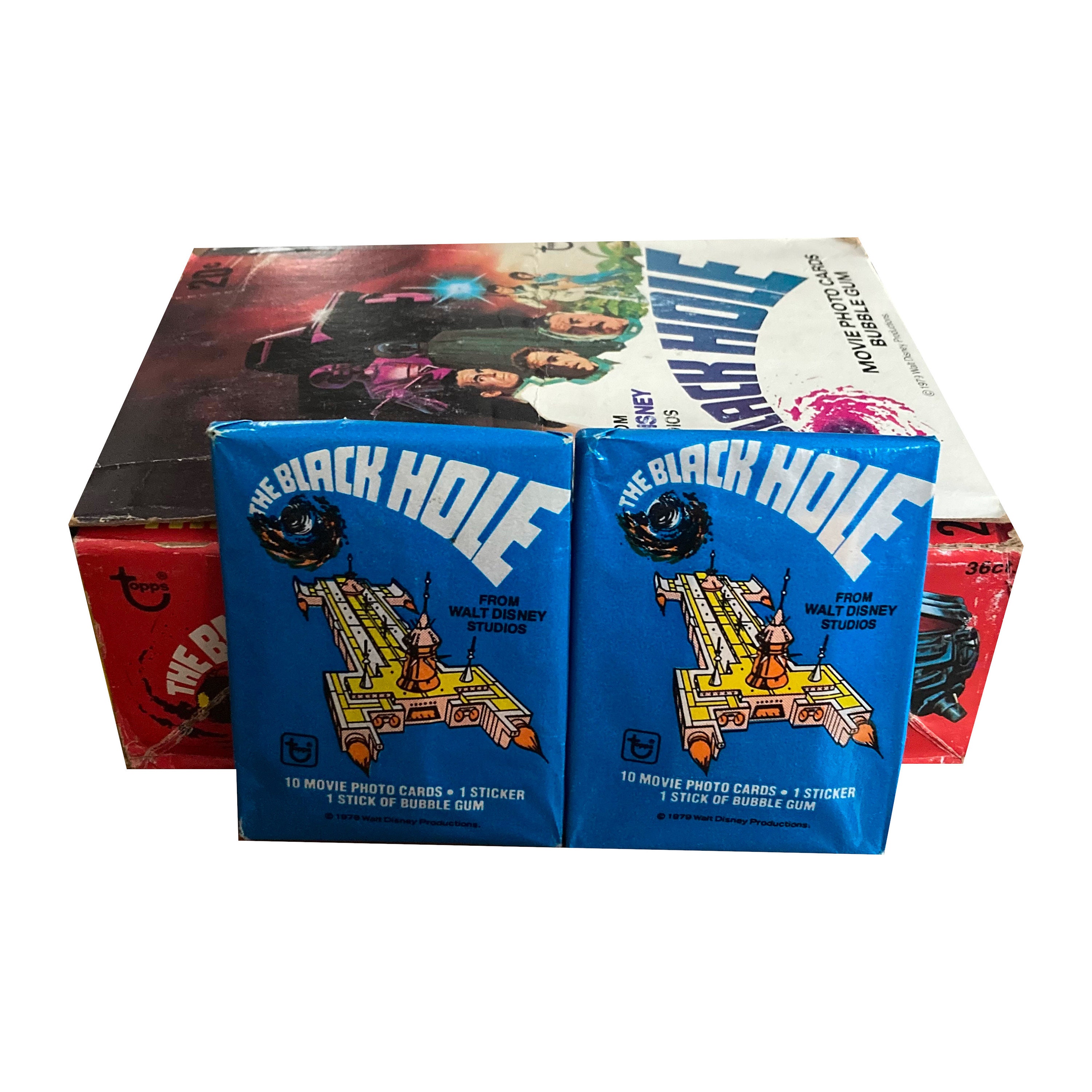 2 packs of The Black Hole vintage trading cards. 10 movie cards and 1 sticker per pack. Topps 1979. Walt Disney Studios.
