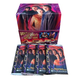 May include: A box of Sliders premium trading cards with the text "DON'T LEAVE THIS WORLD WITHOUT THEM." Several packs of cards are visible, each containing 8 cards per pack. The box features images of the show's cast.