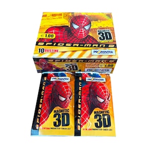 May include: A box and two packets of Spider-Man 2 trading cards. The box features Spider-Man's face and the text "MAGNETIC 3D". The packets also display Spider-Man's face and the text "MAGNETIC 3D". The box reads "10 BUSTINE".