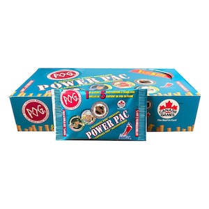 May include: A teal box of POG Power Pacs with a blue pouch in front. The pouch reads "5 Authentic POG Milkcaps" and "Power Pac". The box has the Canada Games logo and the text "The Best in Fun".