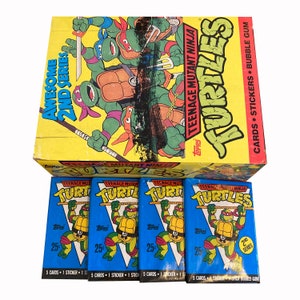 4 paquetes de tarjetas coleccionables vintage de las Tortugas Ninja, Serie 2. 5 tarjetas y 1 pegatina por paquete. ¡Mondo al máximo! TMNT. Topps 1990.