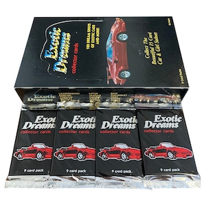 4 paquets de cartes de collection vintage Rêves exotiques. 9 cartes par paquet. 100 photos de rêve de voitures exotiques et plus encore ! Sous-ensemble voiture et fille de 15 cartes !