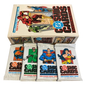 4er Packs vintage Sammelkarten von DC Cosmic Cards. 12 Karten pro Packung. Zufällig gepackte Hologrammkarten. Impel 1991. Schön!