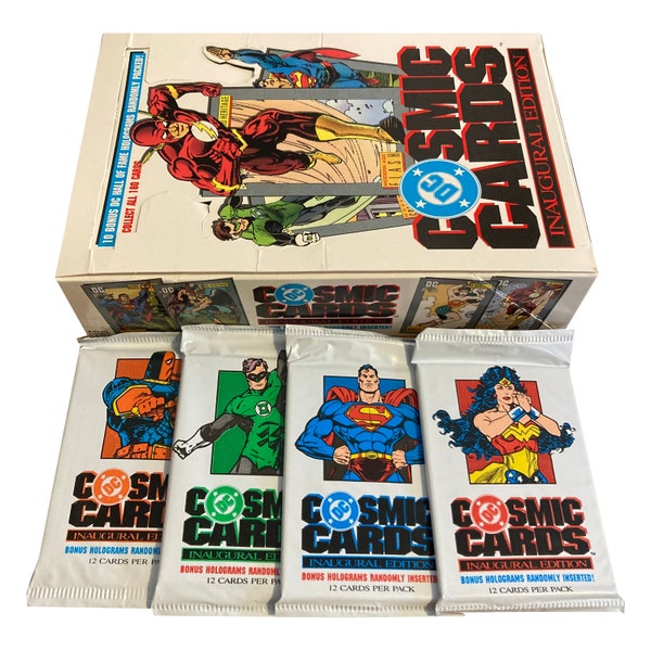 4 packs of DC Cosmic Cards inaugural edition vintage trading cards. 12 cards per pack. Randomly packed hologram cards. Impel 1991. Nice!