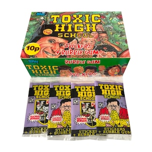 May include: A box of "Toxic High School" stickers and bubble gum. The box is green and features cartoon illustrations of students. Individual packs of stickers and gum are purple with graphic illustrations and the text "Teachers Beware!"