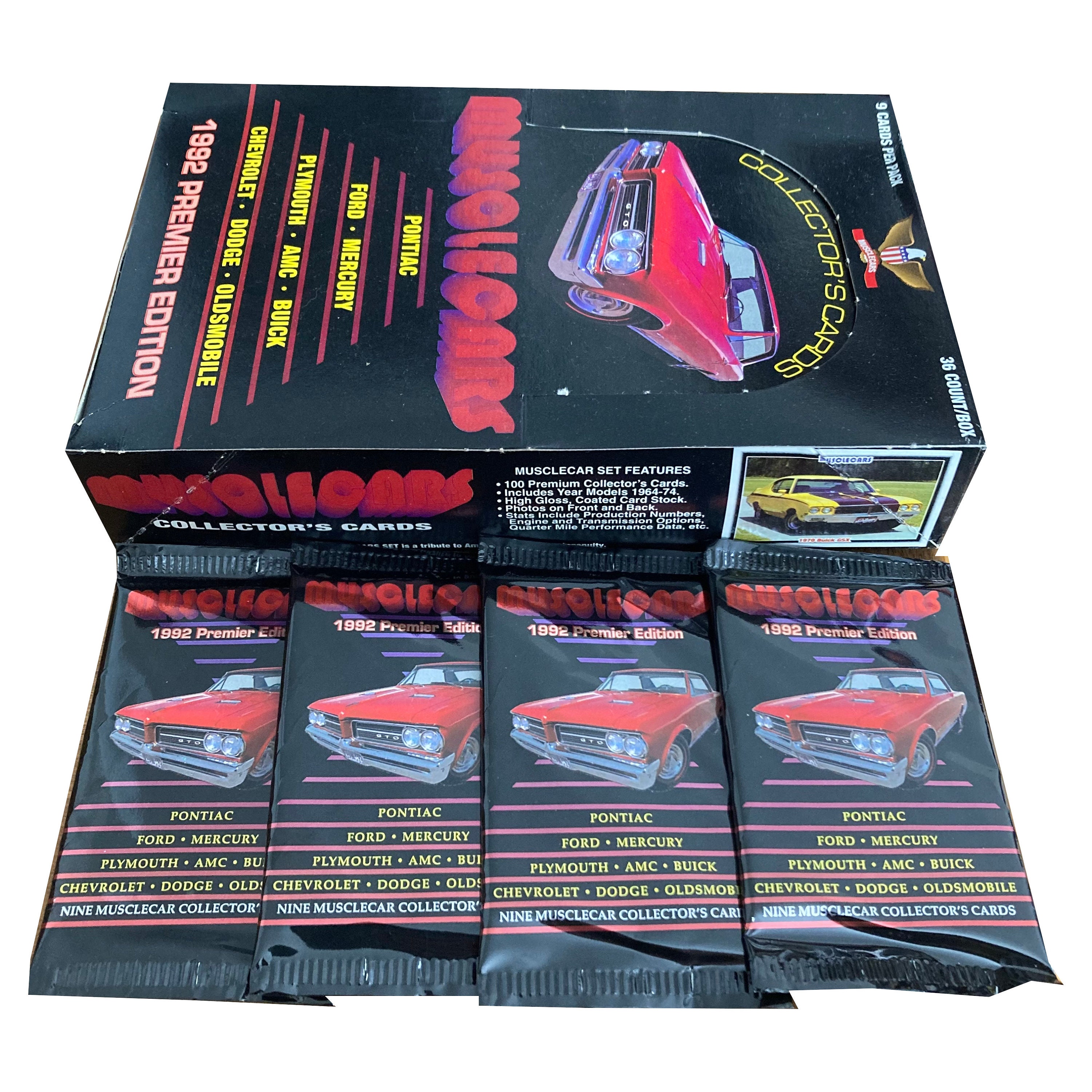 4 packs of Muscle Cars vintage collector's cards. 9 cards per pack. Covers the years 1964-1974. 100 card set. Collect-A-Card 1992.