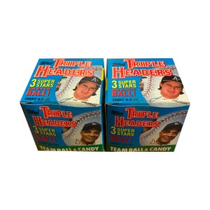 Lot of (2) Topps Triple Headers toy baseballs with (very expired) candy. Each miniature plastic ball depicts 3 superstars from an MLB team.