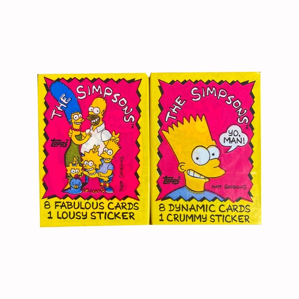 2 paquets de cartes à collectionner vintage Les Simpsons. Une de chaque style d'emballage. 8 cartes et 1 autocollant chacun. Topps 1990. Packs de cire vintage.