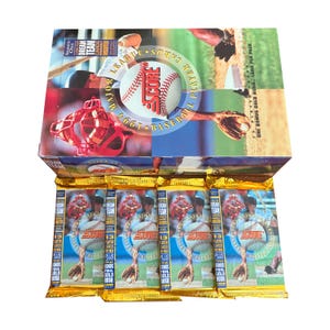 4 packs of 1994 Score vintage MLB Baseball cards. Series 1. 13 player cards and 1 bonus gold foil rush card per pack. Collect them all!