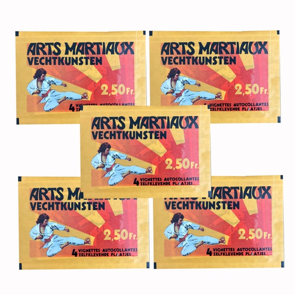 5 packs of vintage Martial Arts stickers. 4 stickers per pack. Manufactured in 1977 in Belgium by Graffiti SA and distributed by Rossel Dist