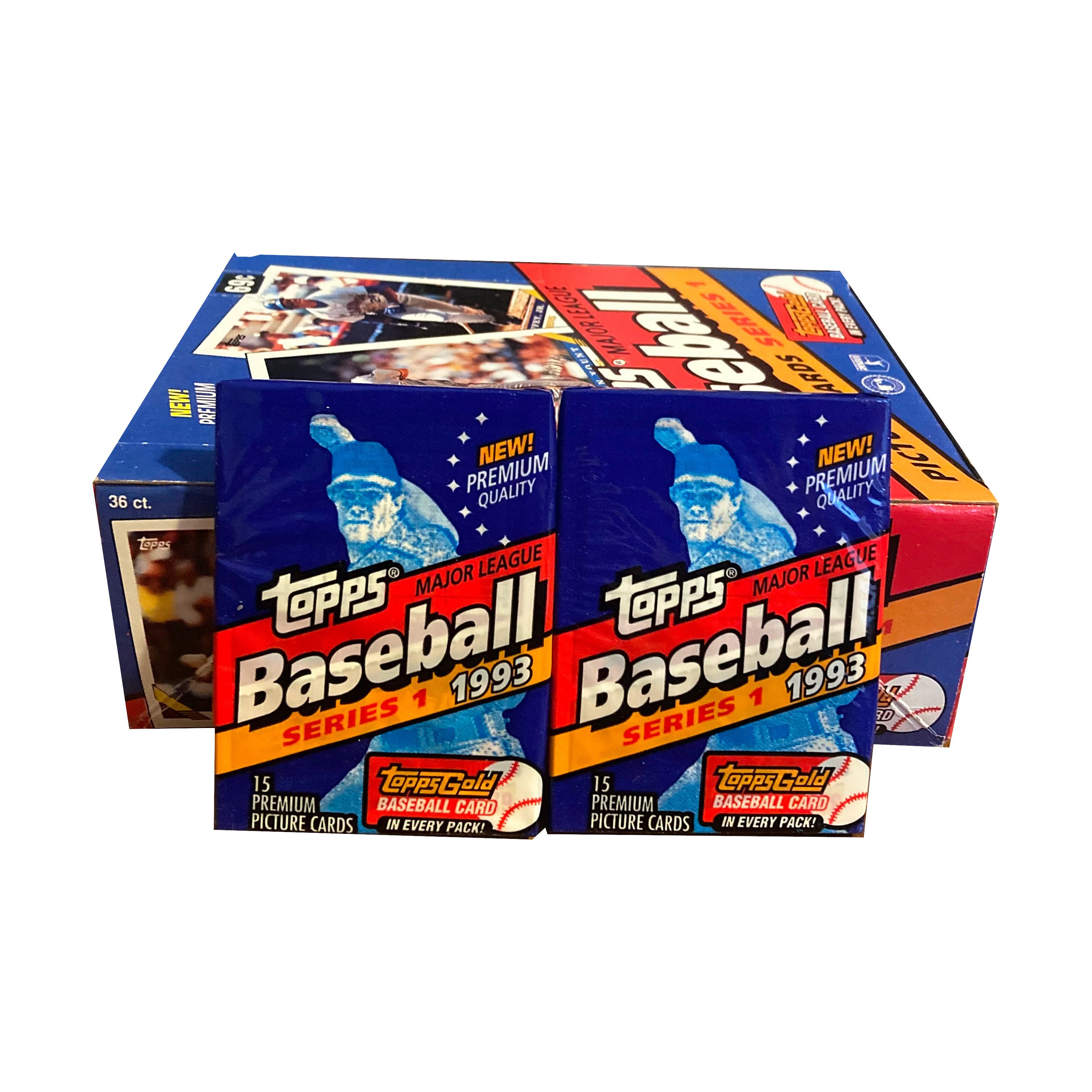 2 packs of 1993 Topps Series 1 vintage baseball cards. 15 picture cards incl. 1 Topps Gold card in every pack. Topps 1993. Possible Jeter!