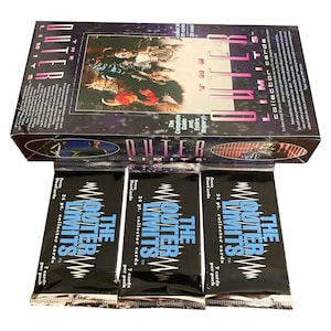 May include: Three sealed packs of The Outer Limits trading cards. Each pack is black with a silver border and features a graphic of a sound wave. The text "The Outer Limits" is printed in white on the front of each pack.