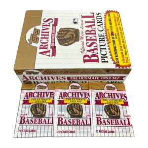 3 packs of Topps Archives The Ultimate 1953 Set vintage baseball cards. 12 cards per pack. Glossy reproductions of the Topps 1953 set.