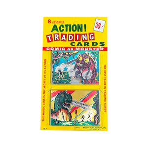 Action! cards colecionáveis. Quadrinhos ou Monstros. 8 cards sortidos em embalagem blister original. Lançado em 1961 pela Knight Toy & Novelty Inc. Legal!