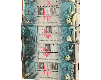 4 packs of Star First Contact Cinema Collection vintage trading cards. 9 extra-wide cards per pack. Collect them all! Skybox 1996.