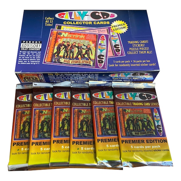 6 packs of Silly CDs music parody cards/stickers. 5 cards per pack. Collect all 33! Silly Productions 2001.