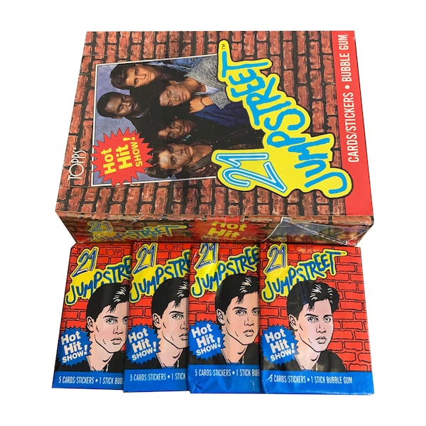 4 packs of 21 Jumpstreet vintage trading cards. Topps 1988. 5 cards + 1 sticker per pack. Johnny Depp! Vintage wax packs.