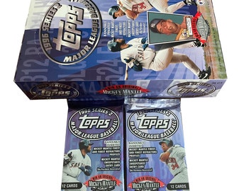 2 packs of 1996 Topps Series 2 Baseball cards. 12 cards per pack. Randomly inserted Mickey Mantle refractors. Collect them all! MLB