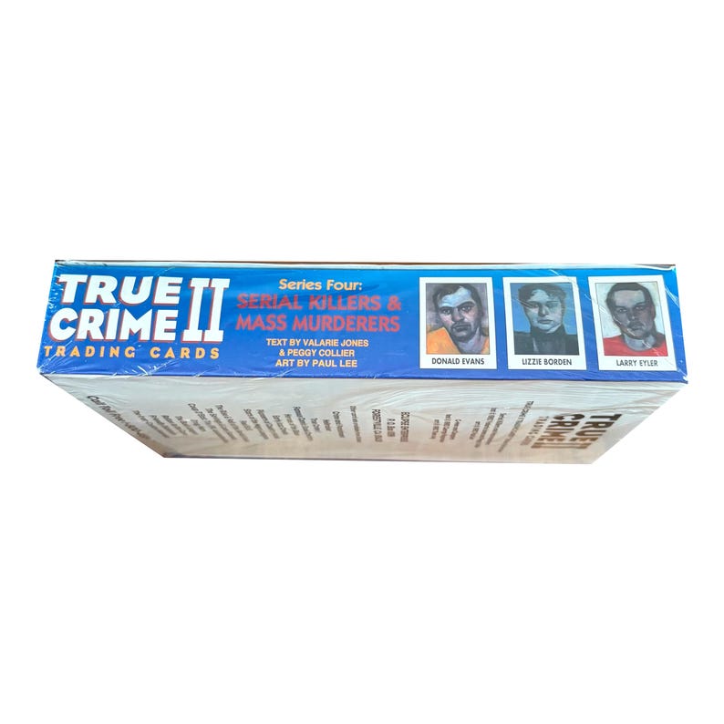 May include: A sealed box of "True Crime II Trading Cards" featuring "Serial Killers & Mass Murderers." The box has a blue and white design with images of Donald Evans, Lizzie Borden, and Larry Eyler. Text includes the series title and creators.