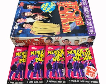 4 packs of New Kids On the Block 2nd Series vintage trading cards. 8 super gloss cards + 1 sticker per pack. Topps 1990. Collect them all!