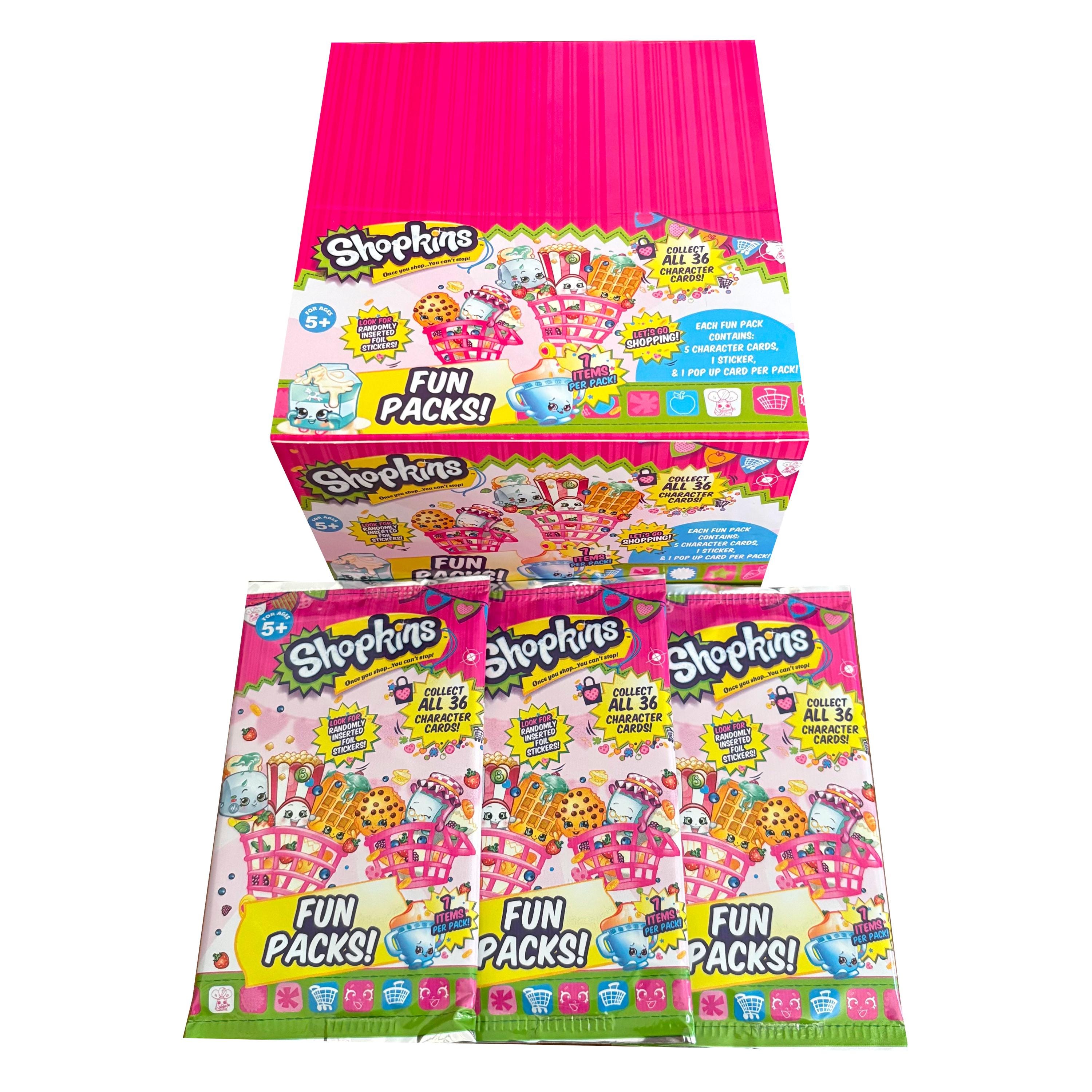3 Shopkins Fun Packs. 5 character cards, 1 sticker + 1 pop-up card per pack Collect them all! Once you shop,  you can't stop!