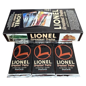 May include: A black box set of "Lionel Greatest Trains" collector cards, with three unopened packs in front. The box features images of trains and the Lionel logo. Each pack contains 7 cards.