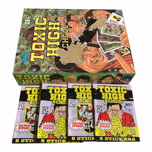 May include: A box of Toxic High School trading cards. The box is green and yellow with a cartoon image of a man with a shocked expression. The box says "Toxic High School" and "25". There are four packs of cards in the image, each with a cartoon image of a man vomiting. The packs say "Toxic High School" and "Rated PG".