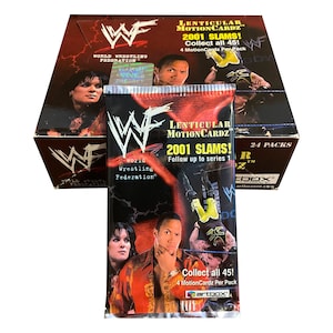 1 pacote de WWF Lenticular MotionCardz 2001 Slams! cartas de luta livre vintage. 4 cartas por pacote. Colete todos os 45! Caixa de Arte 2001.