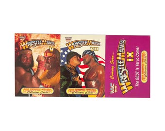 Vintage 3-card sheet of Coliseum Video WWF Wrestlemania Collectors Cards. Excellent condition. Hulk Hogan, Macho Man Savage, Sgt. Slaughter