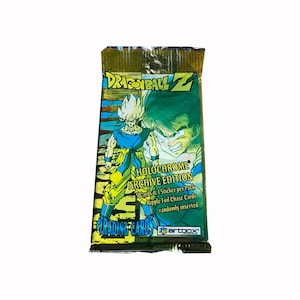 1 pack of Dragon Ball Z Holochrome Archive Edition trading cards. 5 cards + 1 sticker per pack. Ripple foil chase cards! Artbox 2000. DBZ