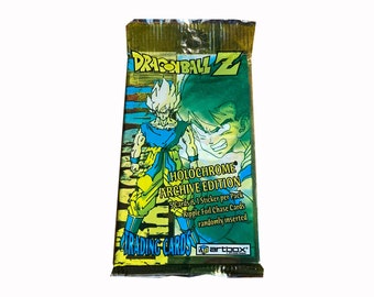 1 pack of Dragon Ball Z Holochrome Archive Edition trading cards. 5 cards + 1 sticker per pack. Ripple foil chase cards! Artbox 2000. DBZ