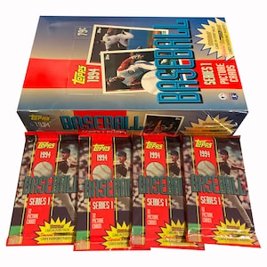 4 packs of 1994 Topps vintage Baseball cards Series 1. 12 picture cards per pack. ToppsGold card in every pack. Collect them all!