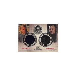 May include: A trading card featuring Jax Teller and Juice Ortiz from Sons of Anarchy. The card includes fabric swatches and the text "AUTHENTIC DUAL WARDROBE". Jax Teller is played by Charlie Hunnam, and Juice Ortiz is played by Theo Rossi.