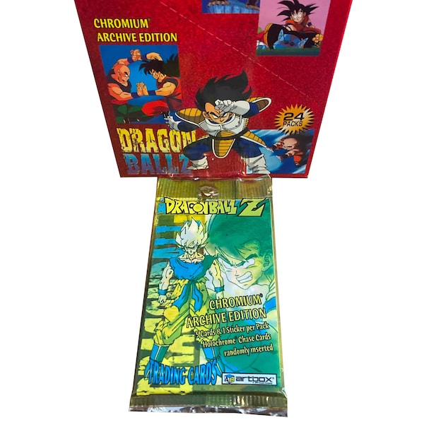 1 pack of Dragon Ball Z Chromium Archive Edition trading cards. 5 cards + 1 sticker per pack. Holochrome chase cards! Artbox 2000. Nice!