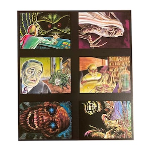 Tune In For Terror folha sem cortes de 6 protótipos de cartas da série 2 que nunca foi lançada. Cartão de terror colecionável muito raro! 1992.